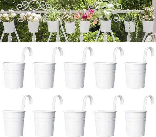 Miniatura 8 de Dahey 10 macetas colgantes de metal y hierro para barandilla, balcón, jardín, decoración del hogar, soportes para flores con ganchos desmontables