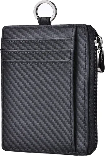 Kinzd Billetera de cuero con bolsillo frontal y cremallera minimalista delgada con llavero y correa de cordón talla única Minimalista