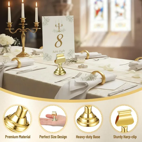 Miniatura 3 de Kathfly 24 soportes para números de mesa de boda de 1.7 pulgadas, mini soportes de metal dorado para tarjetas de lugar a granel, soportes