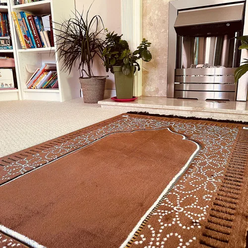 Miniatura 2 de Mihrab - Tapete de oración de terciopelo de lujo con estampado, 26.46 oz, peso Fabricado en Turquía (café)