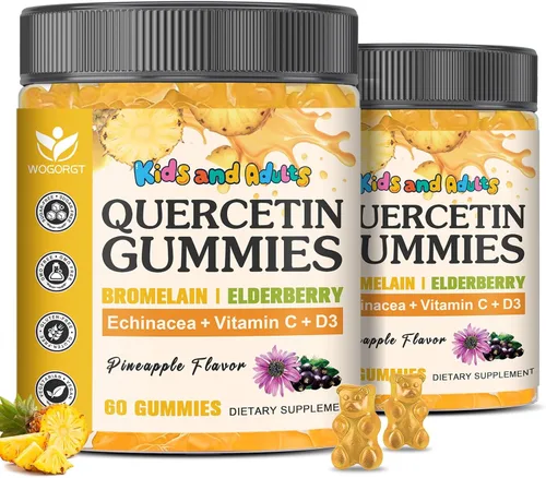 Gomitas de quercetina con bromelina para adultos y niños, 800 mg de quercetina con bromelina, saúco, vitamina C, D3, inmune, apoyo de bienestar