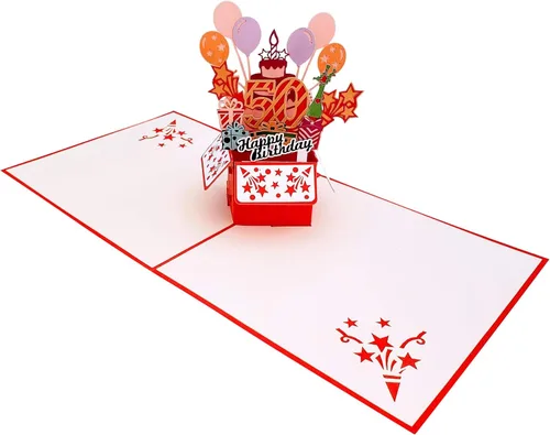 Miniatura 3 de iGifts And Cards Tarjeta de felicitación emergente 3D con caja de fiesta de cumpleaños número 50 color rojo – Cincuenta, impresionante, globos