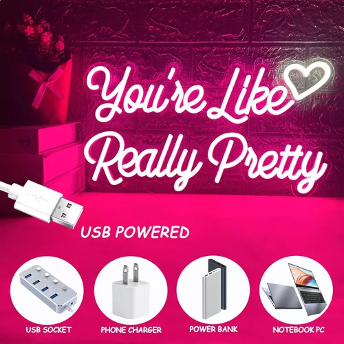 Miniatura 6 de Letrero de neón con texto en inglés "You're Like Really Pretty" para decoración de pared, luz LED de neón en forma de corazón, letreros de neón rosa