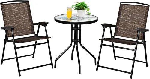 KOTEK Juego de 3 muebles de exterior con mesa redonda y 2 sillas plegables, mesa de vidrio templado, mesa de bistró y sillas para balcón, porche,