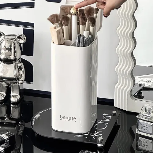 Miniatura 9 de Soporte de cepillo de maquillaje de elevación automática con tapa a prueba de polvo organizadores cosméticos para tocador-blanco
