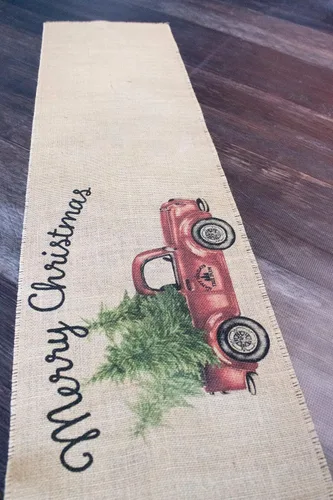 Miniatura 3 de Camino de mesa vintage de arpillera con diseño de camión rojo feliz Navidad