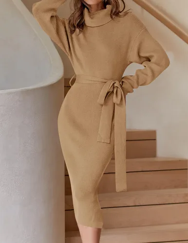 Miniatura 71 de ZESICA - Vestido por debajo de la rodilla de suéter, de cuello alto, para mujer, de manga larga, de punto acanalado, con abertura y cinturón