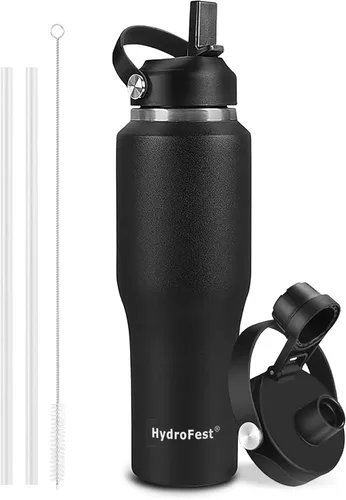 Botella de agua de 32 onzas aislada con popote, botellas de agua a prueba de fugas, botella de agua para hombre, acero inoxidable para gimnasio,
