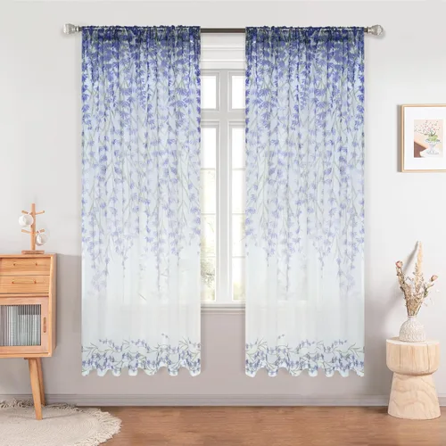 DriftAway Cortinas traslúcidas florales para sala de estar, cortinas con estampado de flores moradas, cortinas filtrantes de luz para dormitorio, 63