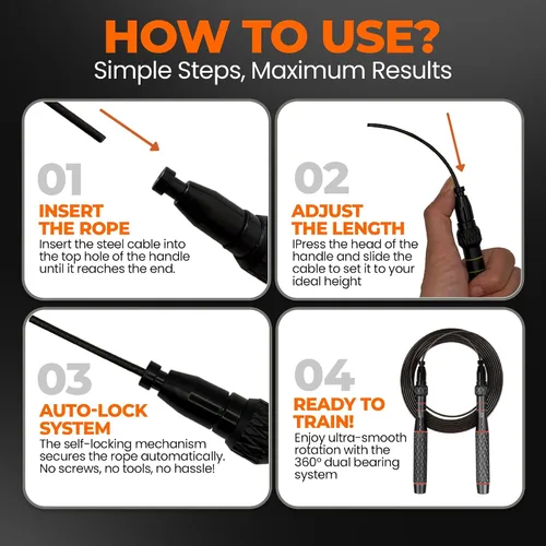 Miniatura 7 de LYRA - Cuerda de saltar de velocidad ajustable – Rodamientos de bolas de 360°, cable de acero y asas de aluminio – Bajo doble rápido