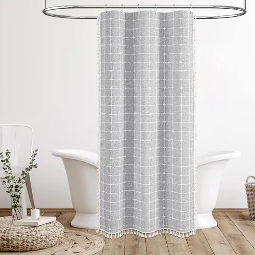 Miniatura 7 de BTTN - Cortina de tela para ducha, bohemia y campestre, con borlas, estilo rústico chic, de lino, para baño, con 6 ganchos de plástico, ultragruesa