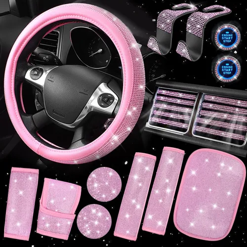 Miniatura 10 de CAR PASS Juego de fundas de asiento de coche con diamantes brillantes de 11 piezas, accesorios de coche con diamantes brillantes para mujer, funda