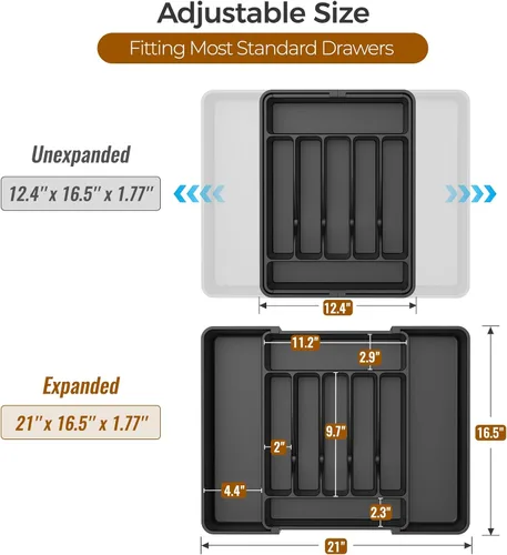 Miniatura 3 de ukeetap Organizador de cubiertos expandible extragrande, sin BPA, apto para alimentos, organizador de cajones de utensilios de cocina, soporte Negro