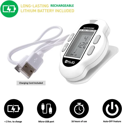 Miniatura 5 de KLIQ MicroNome - Mini metrónomo digital recargable - con altavoz (volumen digital, ritmo y ajuste de tempo) diseñado para su uso con piano, Blanco