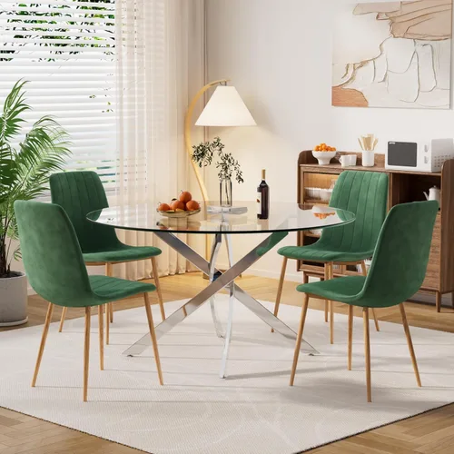 Miniatura 28 de Moderno juego de mesa redonda de vidrio para 4, 36 pulgadas, pequeña base negra de vidrio templado con 4 sillas de comedor minimalistas beige, juego