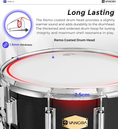 Miniatura 2 de Kit de tambor snare Vangoa con cabeza Remo de 14" x 5.5" para estudiantes de banda escolar de marcha principiantes con soporte, soporte