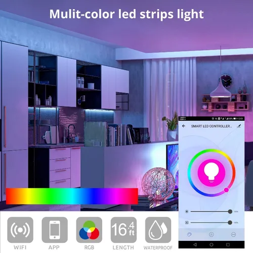 Miniatura 4 de WBM Smart Tira de luces LED RGB, IP65 impermeable de 16.4 pies de largo, compatible con Alexa, Google Home, control de aplicación para el hogar