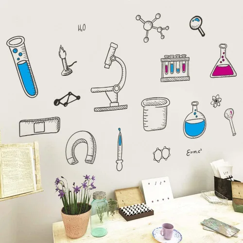 Miniatura 3 de Calcomanías de pared de laboratorio de ciencias al por mayor, calcomanías de vinilo para herramientas de elementos químicos para aula, dormitorio