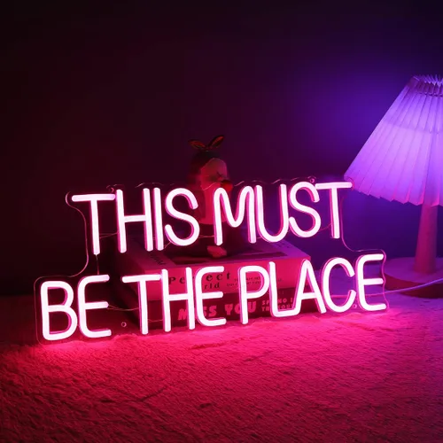 Miniatura 5 de Britrio Letrero de neón con texto en inglés «This Must Be The Place» para decoración de pared de dormitorio, letrero luminoso de luz de neón