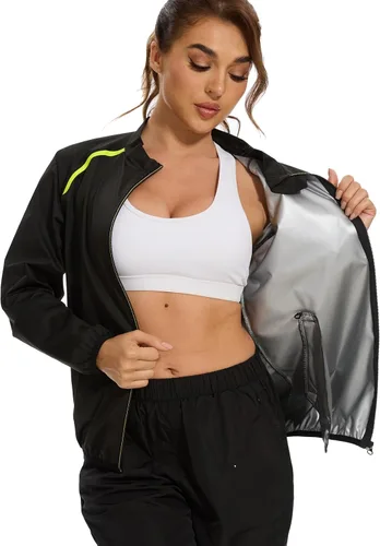Miniatura 6 de SEXYWG Chaqueta de sauna para mujer, adelgazante, traje de sauna, camisa de manga larga, para entrenamiento, moldeador de cuerpo Negro