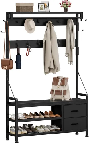 Miniatura 13 de Lulive Hall Tree, banco de entrada de 31.5 pulgadas con perchero independiente, banco de zapatos de diseño inteligente 5 en 1 y estante de pared, 17