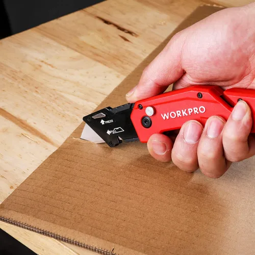 Miniatura 7 de WORKPRO Cuchillo utilitario plegable, hoja de cambio rápido, mango de nailon ligero, cortador de utilidad con 10 cuchillas adicionales Rojo