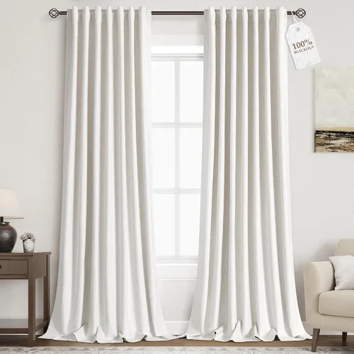 Miniatura 102 de Cortinas de lino 100% opacas para dormitorio, 102 pulgadas de largo, con pestaña trasera, bolsillo para barra, paneles acústicos con aislamiento