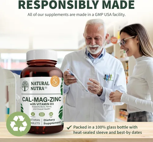 Miniatura 5 de Natural Nutra Suplemento de calcio y magnesio y zinc con vitamina D3 para fortaleza ósea, salud sin gluten y sin azúcar, complejo mineral esencial