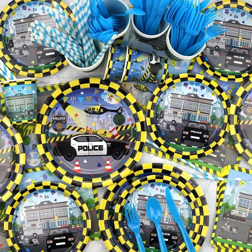 Miniatura 5 de KEFAN Decoraciones de fiesta de cumpleaños de policía, suministros de vajilla para fiestas temáticas de policía, incluyendo telón de fondo de feliz