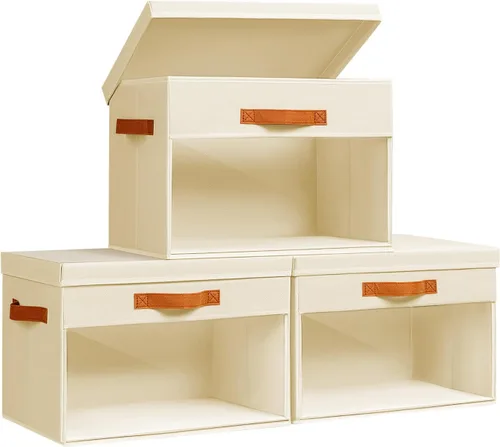 Homsorout Contenedores de almacenamiento grandes con tapas, paquete de 3 organizadores decorativos plegables con ventanas y asas transparentes,