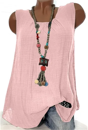 Miniatura 2 de ZZWXWA Women Shirts Flowy Sleeveless Cotton Linen Shirts Tunic Tops to Wear with Leggings Loose Fit Solid Round Neck T-Shirt