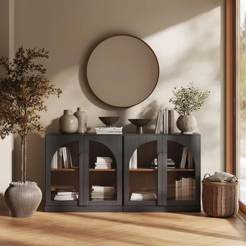 Miniatura 45 de BELLEZE Aparador Modular Acanalado Buffet con Almacenamiento, Mesa Consola Moderna de Mediados de Siglo con Puertas Arqueadas Simétricas, Elegante