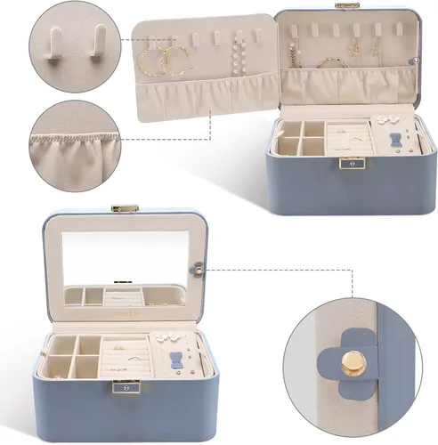 Miniatura 5 de KAMIER Caja organizadora de joyas, 2 capas de piel sintética, gran capacidad, doble cerradura y espejo grande, ganchos ocultos para collares