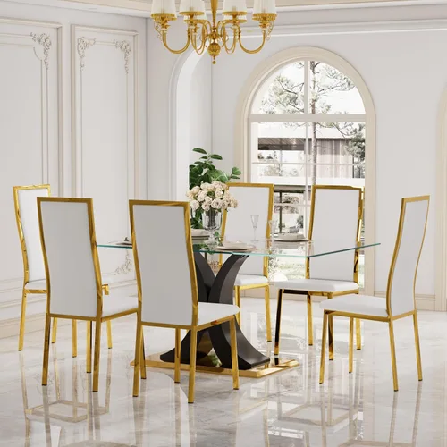 Miniatura 10 de Moderno juego de mesa de comedor rectangular de vidrio para 4, 63 pulgadas, mesa transparente de cocina de lujo con base negra y dorada, 4 sillas