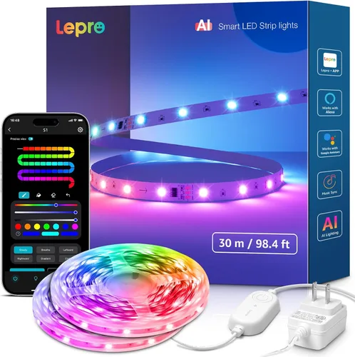 Miniatura 9 de Lepro S1 - Tira de luces LED AI para dormitorio, tiras de luz RGB inteligentes de 16.4 pies con efectos de persecución IC y arcoíris, segmento