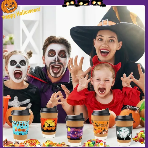 Miniatura 6 de NOVWANG 54 fundas para tazas de café de Halloween, divertidas fundas desechables de papel para tazas de 12 y 16 onzas, bebidas calientes
