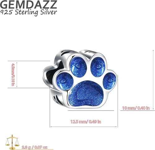 Miniatura 2 de GEMDAZZ Abalorios brillantes con estampado de pata de cachorro en plata de ley 925, cuentas redondas de circonita cúbica con estampado de pata