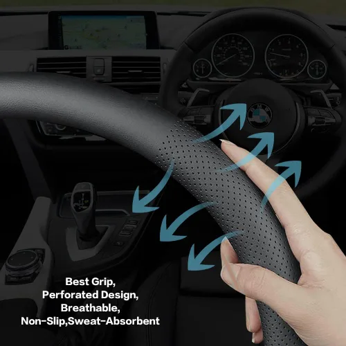 Miniatura 6 de Funda universal para volante de automóvil, de cuero prémium de 15 pulgadas, con el mejor agarre, diseño perforado, transpirable, antideslizante