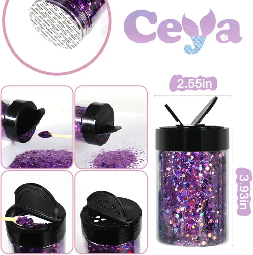 Miniatura 4 de Ceya - Purpurina holográfica gruesa, 140 g / 4.9 oz, polvo de purpurina artesanal morado, mezcla de copos gruesos y finos iridiscentes, lentejuelas