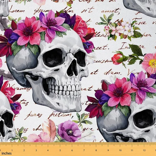 Miniatura 11 de The Yard - Tela de esqueleto de flores en acuarela para sillas, exótica, tribal, floral, estampado de calavera, tela de tapicería para artes, plumas