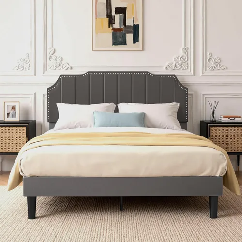 Miniatura 22 de VECELO Base de cama tapizada de terciopelo tamaño Queen con ribete de clavos, cabecera ajustable en altura copetuda, cama vintage con listones