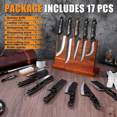 Miniatura 5 de TAN REN 17 piezas de juego de cuchillos de carnicero con bolsa, juego de cuchillos de BBQ de acero de alto carbono para cortar carne, cuchillos