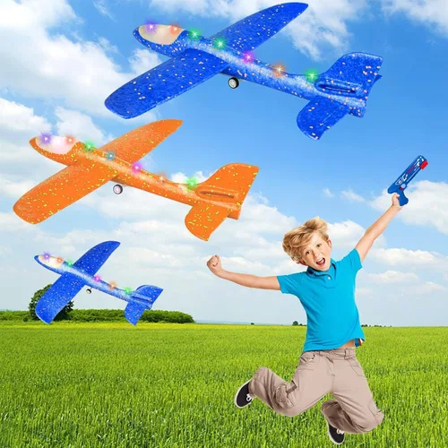 Miniatura 6 de Paquete de 3 lanzadores de aviones de juguete para niños, planeador de espuma ligera LED con lanzador de avión para jugar al aire libre, juguete
