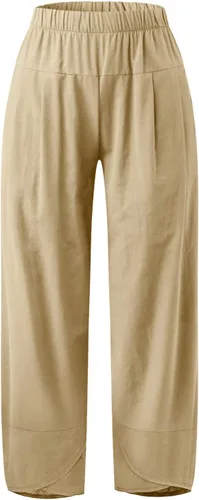 Miniatura 2 de Pantalones capri para mujer, clásicos, cintura elástica, pierna ancha, pantalones ligeros holgados con bolsillos, Caqui