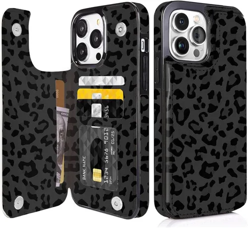 Funda compatible con iPhone 13 Pro Max con tarjetero y ranuras para tarjetas integradas de piel sintética, función atril y a prueba de golpes para