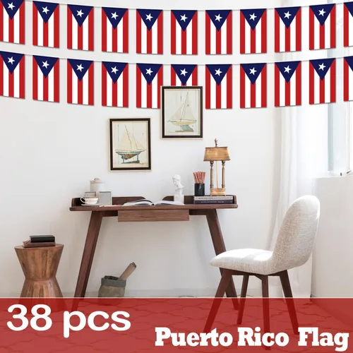 Miniatura 6 de Banderín de bandera de Puerto Rico – 38 banderas, 42 pies pequeñas mini banderas puertorriqueñas para decoración de campo, escuela, fiesta, eventos
