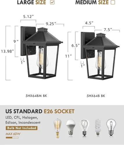 Miniatura 4 de Lámpara de pared para exteriores, linterna de pared exterior HWH, luces de porche al aire libre con pantalla de vidrio sembrado para puerta, garaje
