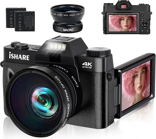 Cámara de vlogging 4K 56MP para YouTube, cámara compacta de viaje para apuntar y disparar con lentes macro gran angular, 2 baterías, anti-vibración,