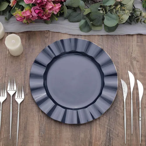 Miniatura 140 de Tableclothsfactory Paquete de 10 platos redondos de plástico negro de 6 pulgadas para ensalada de postre, platos desechables con borde ondulado