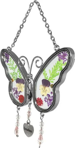 Miniatura 6 de Mariposa de la abuela que atrapa el sol con alas de flores a presión incrustadas en vidrio con borde de metal. Encanto del corazón de la abuela.